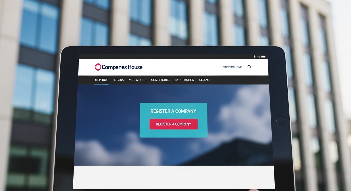 A professional, clean image of a digital tablet displaying the Companies House website with a 