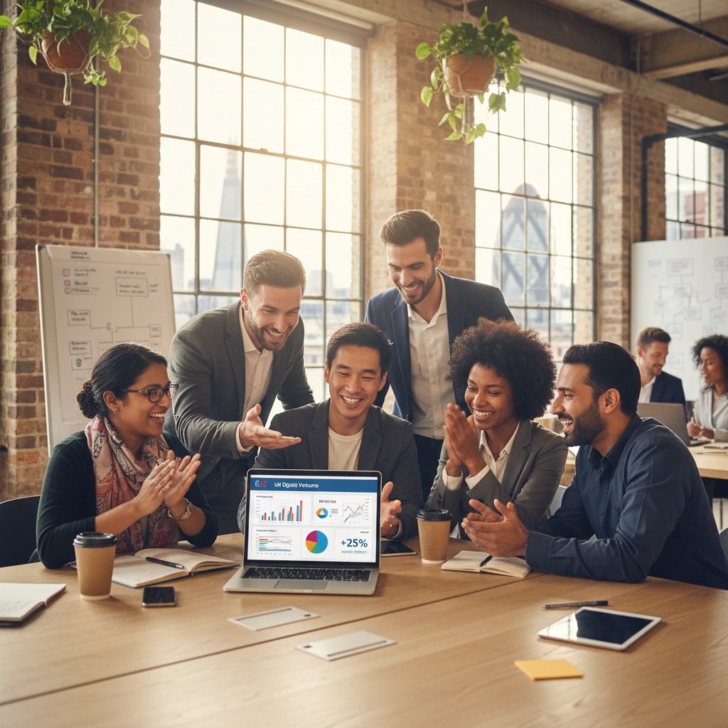 A diverse group of international business professionals, including a few expats, collaborating enthusiastically around a laptop in a modern, bright co-working space in London, showcasing a successful digital business setup in the UK. The scene is photorealistic, high-resolution, and captures a sense of innovation and teamwork.