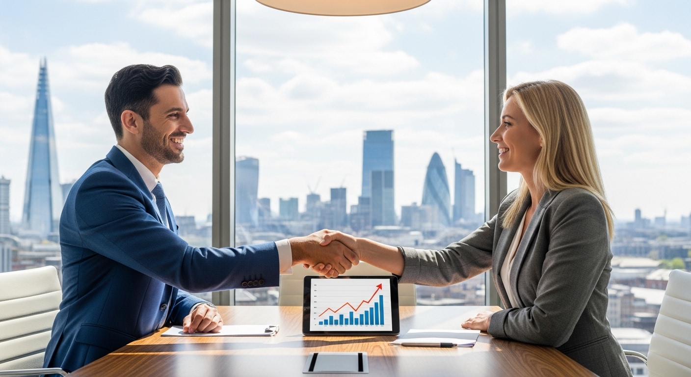 A professional, photorealistic image depicting an expat entrepreneur shaking hands with a knowledgeable business consultant in a modern office setting in London, with a visible city skyline through the window. They are both smiling, and a tablet on the table shows a business growth chart. The lighting is bright and inviting.