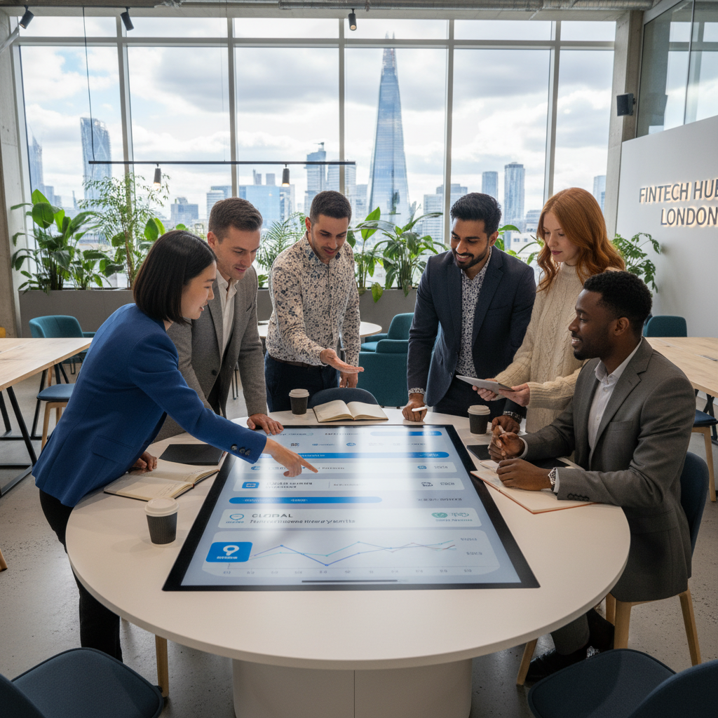A diverse group of business professionals, including an expat entrepreneur, collaborating efficiently around a digital tablet displaying various banking app interfaces. The setting is a modern, light-filled co-working space in a bustling UK city, showcasing seamless financial management and international connectivity.