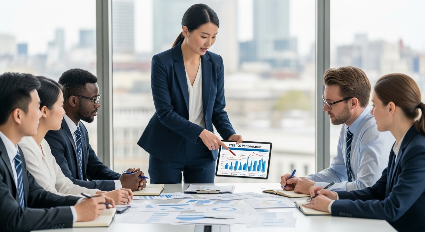 A professional, diverse group of business people from various ethnic backgrounds in a modern, light-filled office discussing financial documents and a tablet displaying market data. One person points to a graph, another takes notes, showcasing collaboration and strategic planning for foreign investment in the UK. Photorealistic, high-resolution.