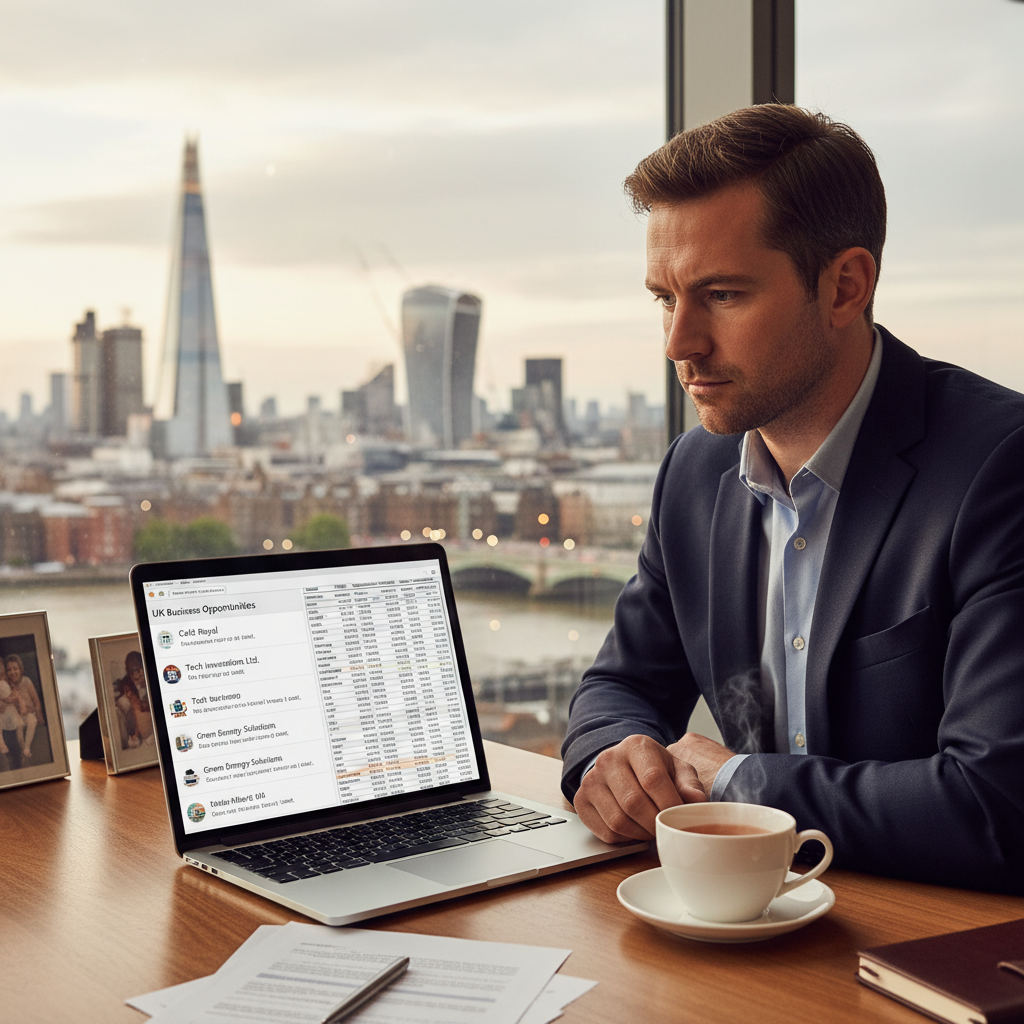 A professional UK expat sits at a desk, intently reviewing a laptop screen displaying business listings and financial spreadsheets, with a cup of tea and a London cityscape in the background, conveying focus and opportunity.