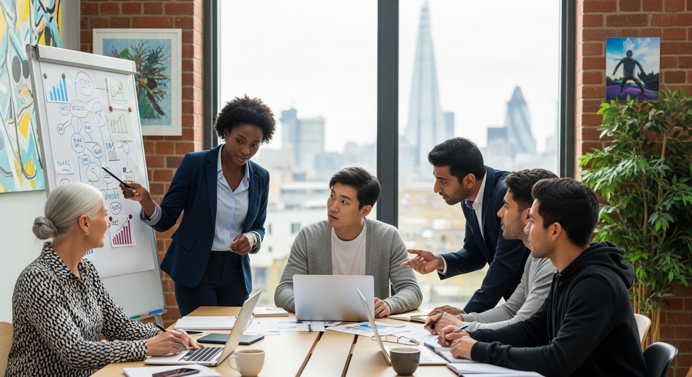 A diverse group of entrepreneurs from various backgrounds, looking professional and collaborative, gathered in a modern, light-filled co-working space in London. They are engaged in a lively discussion, with laptops open and whiteboards displaying business ideas. The background features a subtle hint of the London skyline through a large window, suggesting innovation and global connection.
