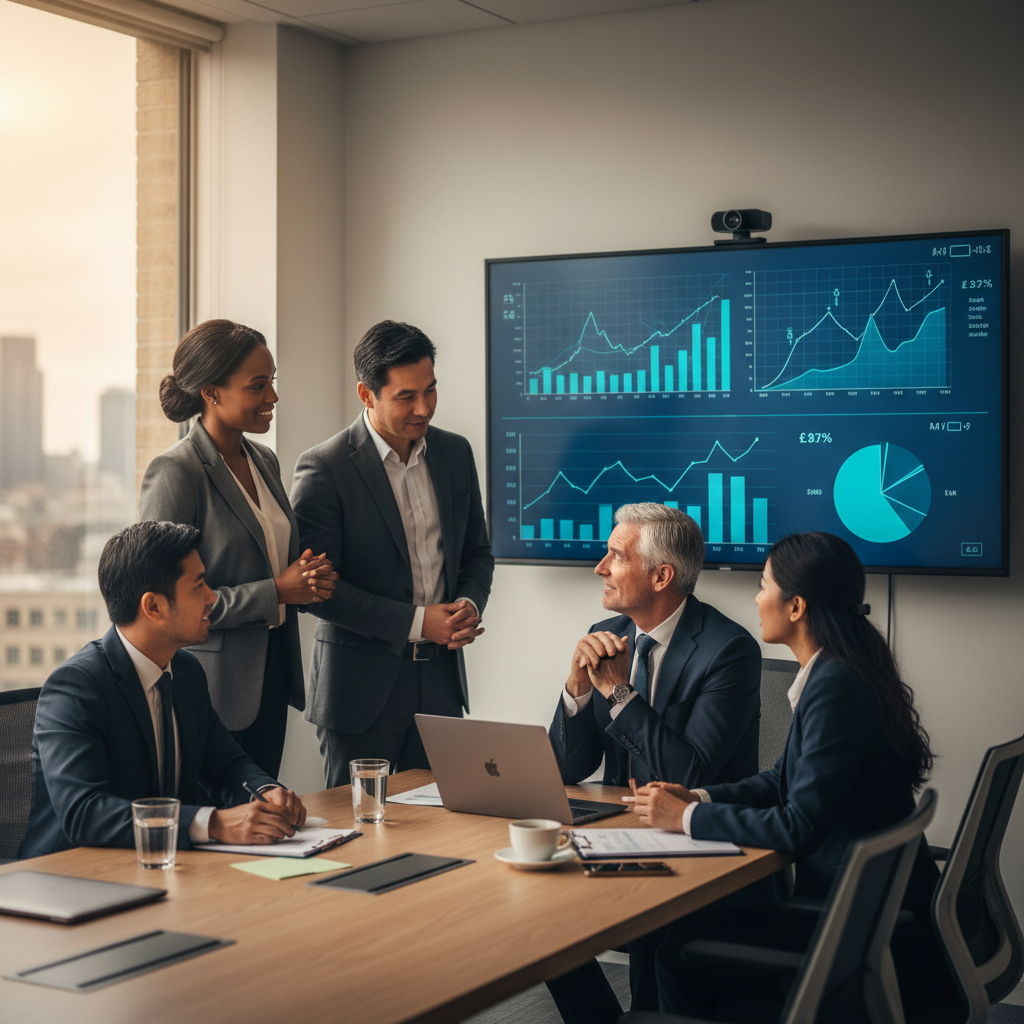 A diverse group of expat entrepreneurs in the UK engaged in a professional discussion with a financial advisor in a modern office setting, looking at digital graphs and financial projections. The image should convey trust, expertise, and a collaborative environment. Photorealistic.