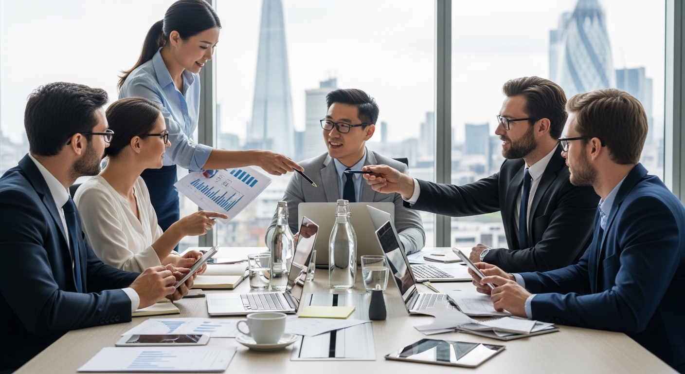 A professional, diverse group of business people, including an expat, reviewing documents and discussing business strategy in a modern, bright office setting in London. There are laptops, tablets, and coffee cups on the table. The focus is on collaboration and problem-solving, with a background hinting at UK landmarks or cityscapes.