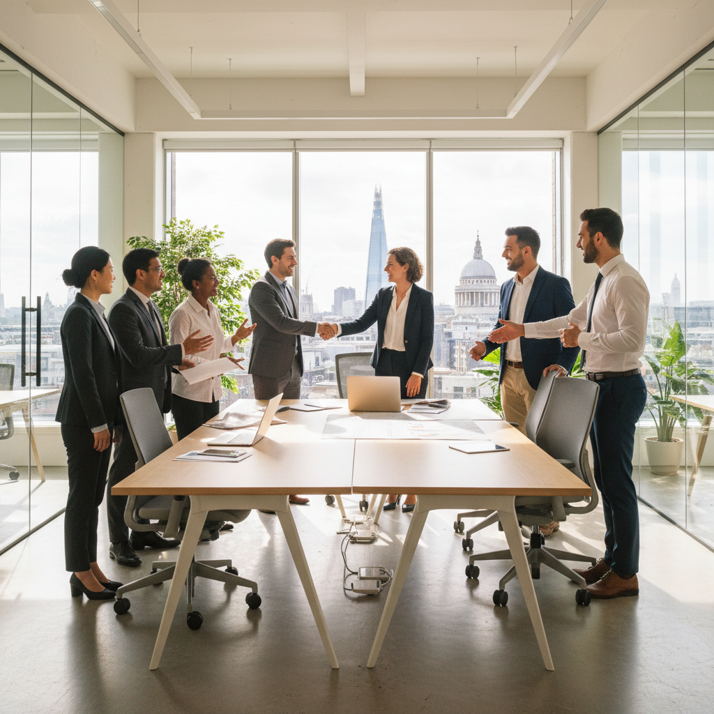 A diverse group of expat entrepreneurs shaking hands and collaborating in a modern, sunlit office space in London, symbolizing successful business relocation and integration into the UK market. The setting is professional and optimistic, with a view of iconic London landmarks in the background.