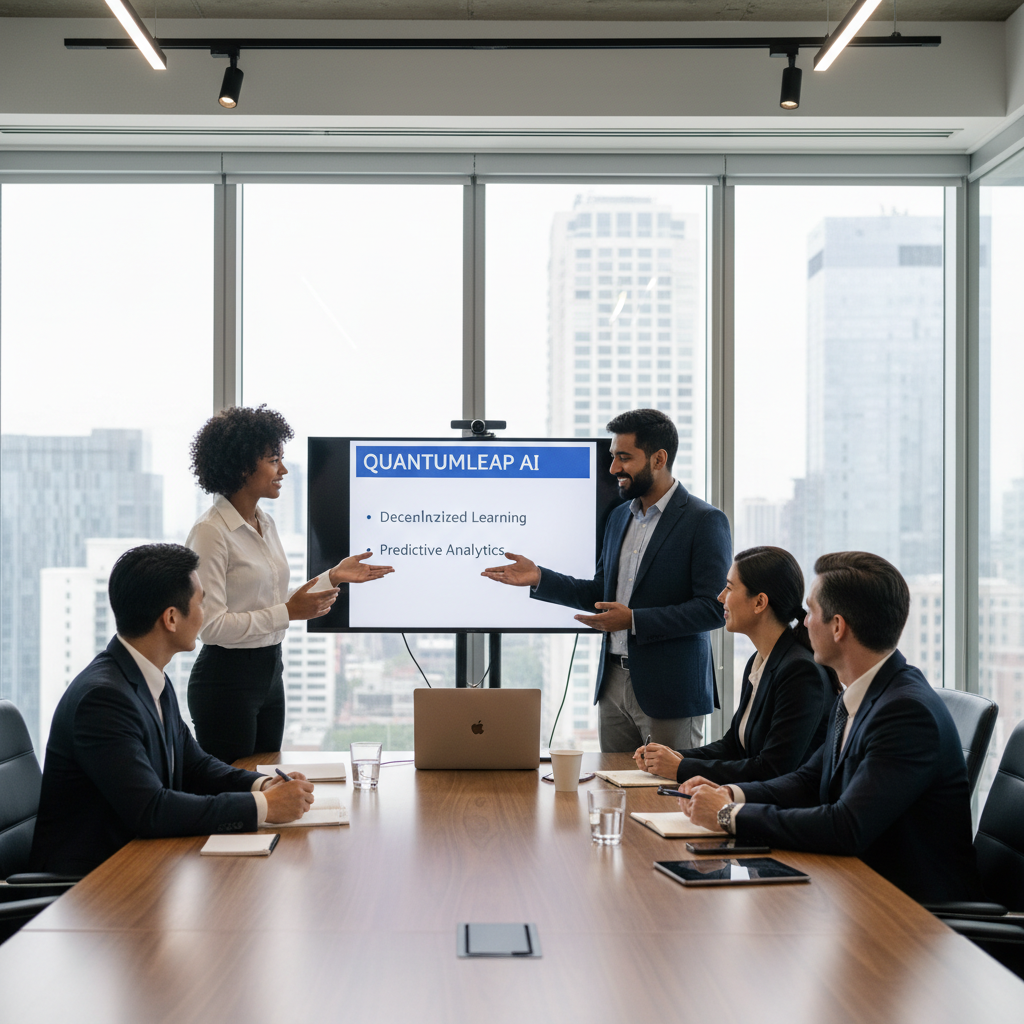 A diverse group of international founders, one male and one female, presenting their innovative startup idea to a panel of professional venture capitalists in a modern, well-lit board room. The atmosphere is collaborative and optimistic, with a laptop displaying a pitch deck. Photorealistic, high-resolution.