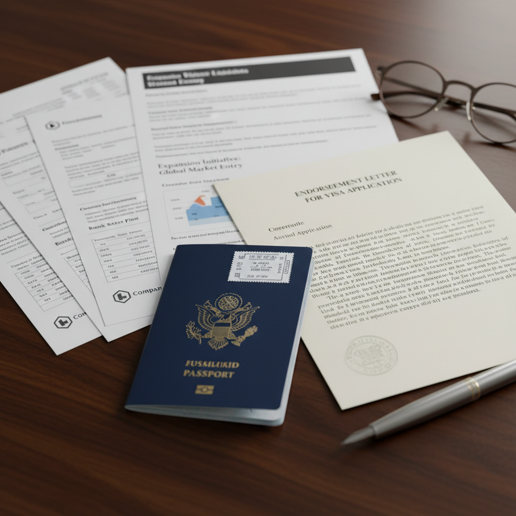 A detailed close-up shot of various visa application documents spread neatly on a wooden desk, including a passport, bank statements, a business plan, and a printed endorsement letter, with a pen and glasses nearby. The lighting is professional and clear, highlighting the text on the documents.
