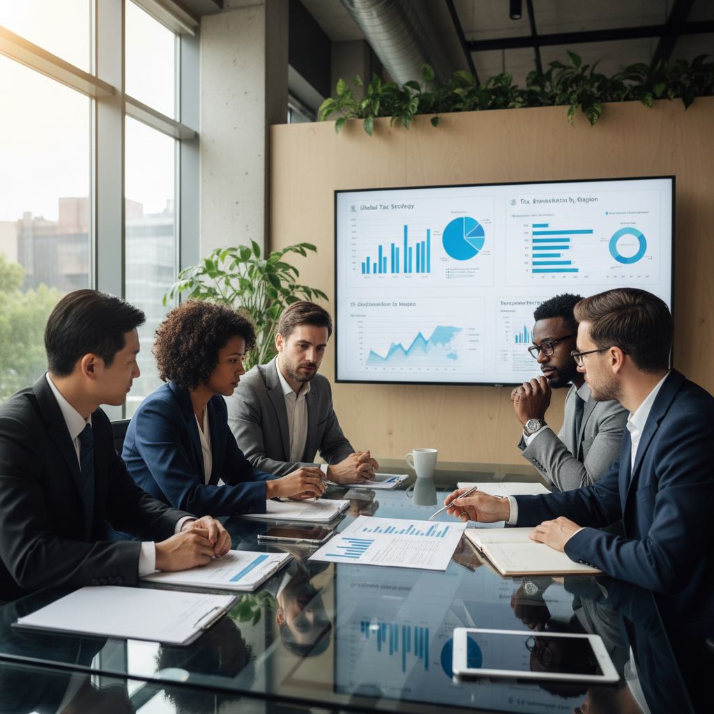 A diverse group of business professionals from different cultural backgrounds, smartly dressed, gathered around a large glass table in a modern, sunlit office, intently reviewing complex financial documents and charts on a large screen, symbolizing international tax planning and expert financial advice. One person is pointing at a specific detail on a document, illustrating a moment of shared understanding and problem-solving.