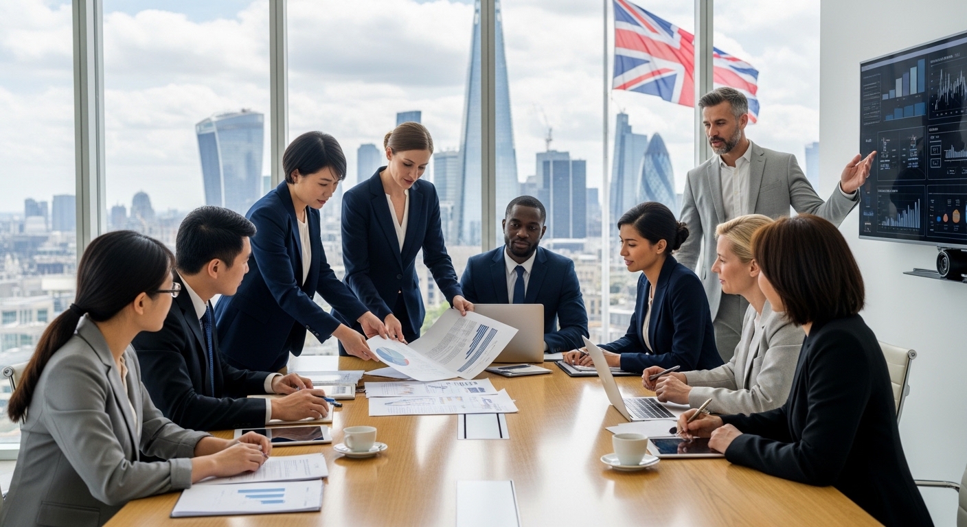 A diverse group of business professionals, including expats, collaborating intently around a modern conference table in a sleek London office, reviewing legal documents and digital charts. A subtle UK flag is visible through a window overlooking the city, conveying a sense of international business professionalism and legal compliance.