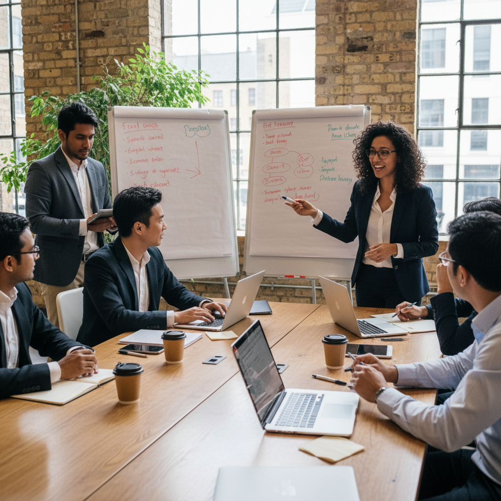 A diverse group of expat entrepreneurs from various backgrounds, in a modern, collaborative co-working space in London, actively engaging in a brainstorming session, with laptops, whiteboards, and coffee cups on the table. The atmosphere is energetic and innovative, showcasing global collaboration in the UK business context. Photorealistic, high-resolution.